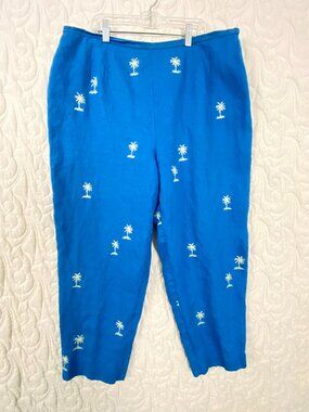 Talbots Irish Linen Palm Tree Pants Lined Blue Cropped Size 18 Side Zipper
